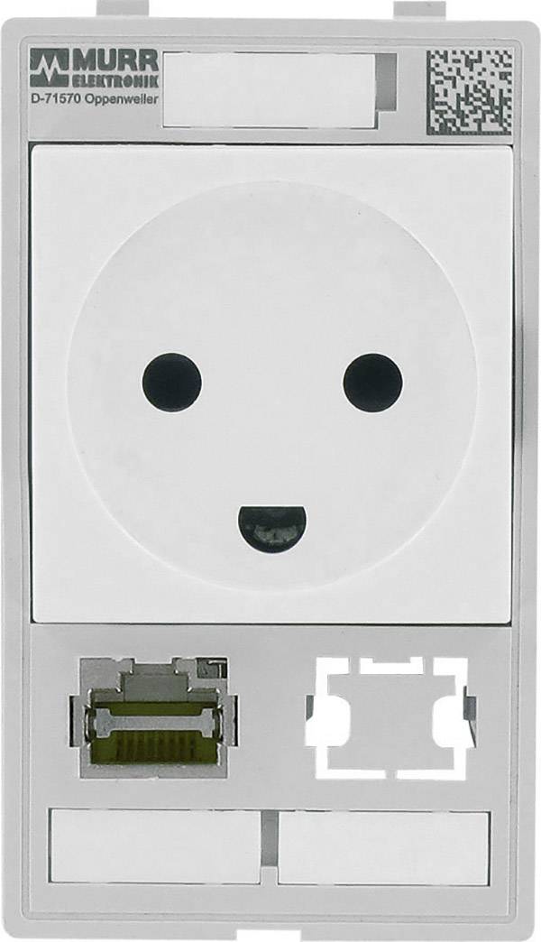 Zásuvka od spoločnosti Murr s integrovaným ethernetovým pripojením a QR kódom v pravom hornom rohu.
