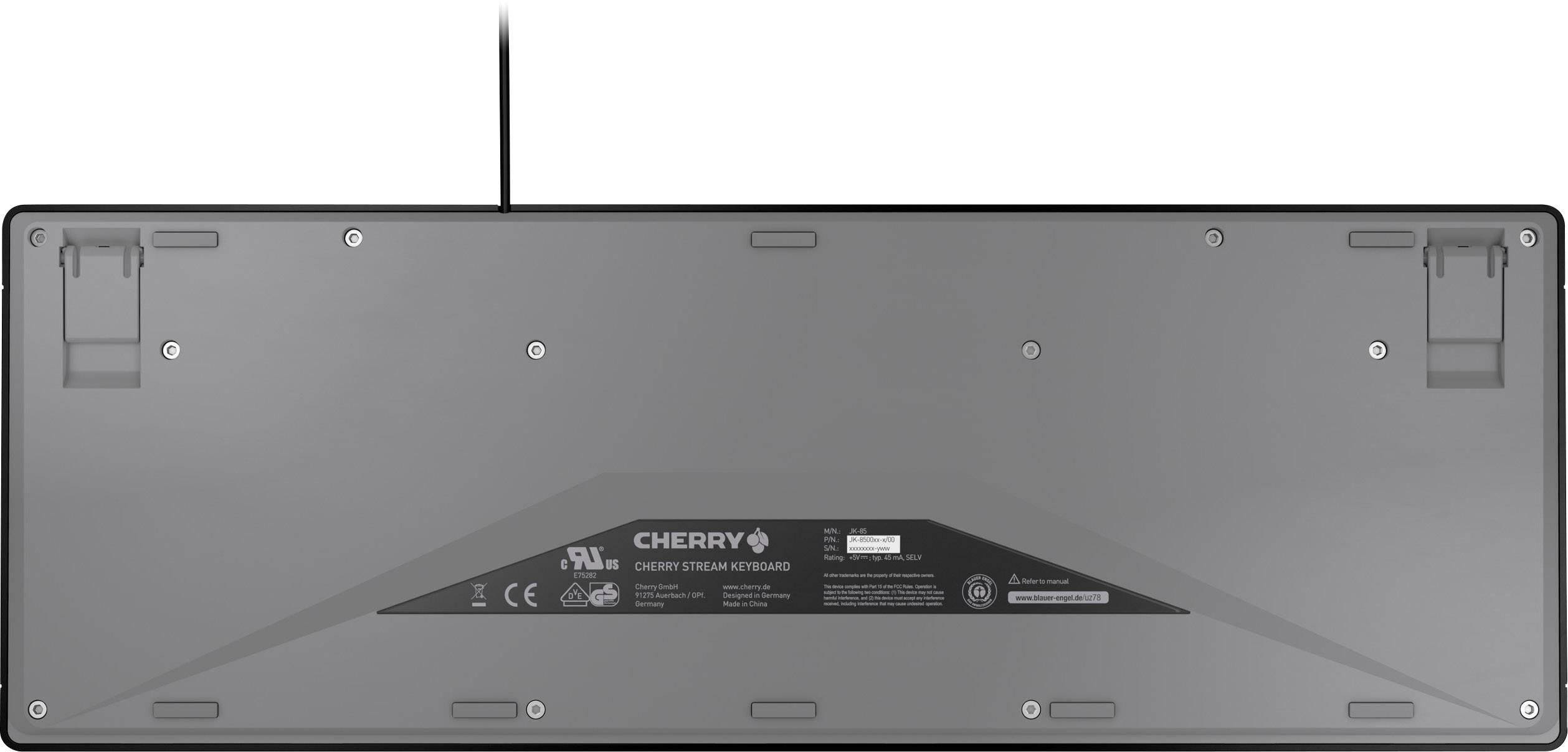 Zadná strana sivej klávesnice so značkovým logom a certifikačnými informáciami v strede, odpojiteľný kábel hore.
