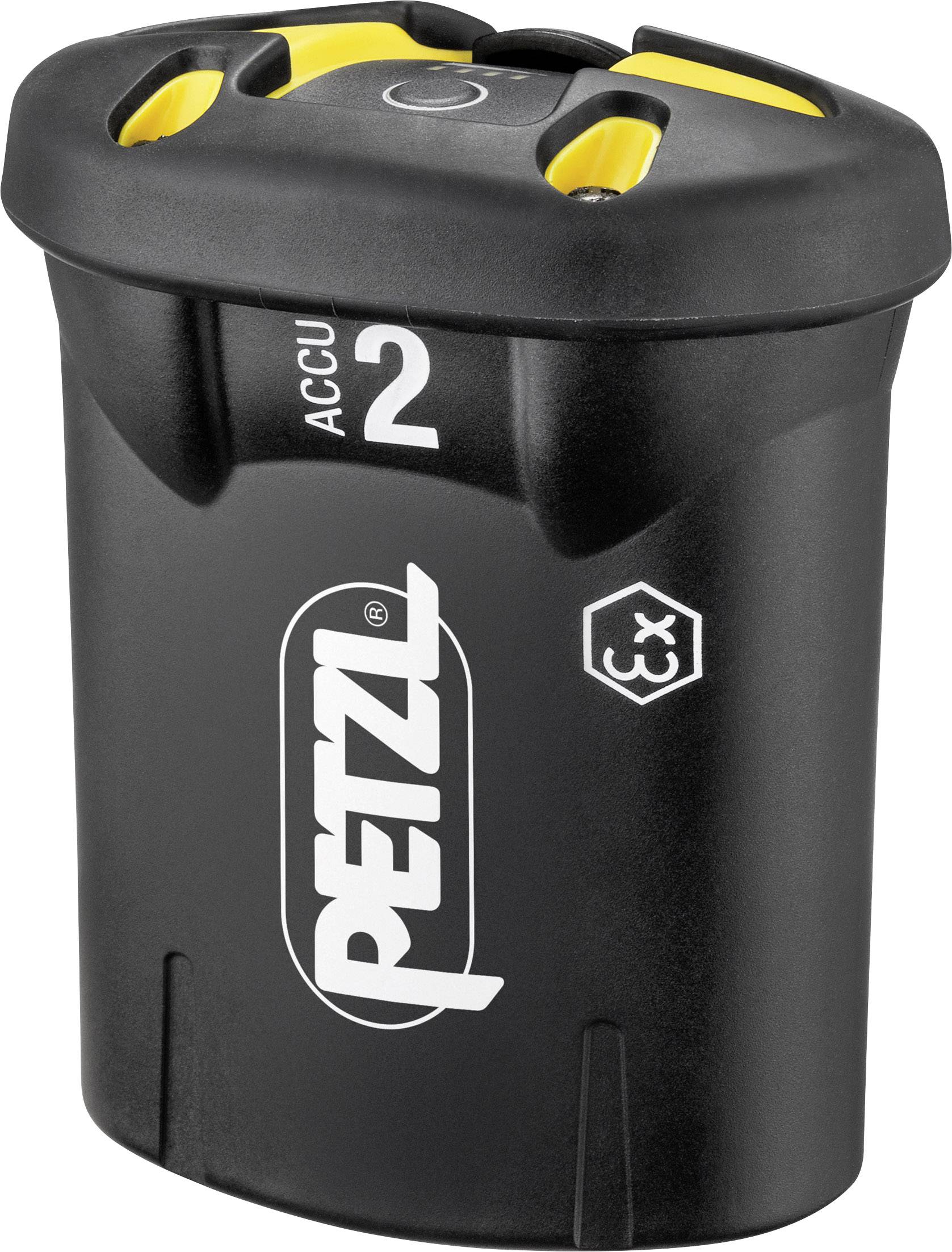 Dobíjateľná batéria Petzl Accu 2 s čiernym púzdrom, žltými akcentmi a EX-označením pre čelové lampy Petzl.