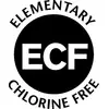Logo 'ECF' s textom 'Elementary Chlorine Free', čo znamená papier vyrobený bez použitia elementárneho chlóru.
