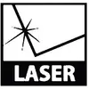 Čiernobiely symbol znázorňuje laserový lúč dopadajúci na bod, s nápisom 'LASER' dole. Výstraha pred laserovým žiarením.