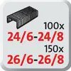 '100x 24/6-24/8, 150x 26/6-26/8' veľkosti kancelárskych spiniek, zobrazené na sivom pozadí so zvýraznenými farbami jednotlivých veľkostí spiniek.