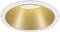Okrúhle biele vstavané svietidlo so zlatým vnútorným reflexným povrchom, ktoré vyžaruje teplé svetlo smerom nadol. Vhodné do moderných obytných priestorov.