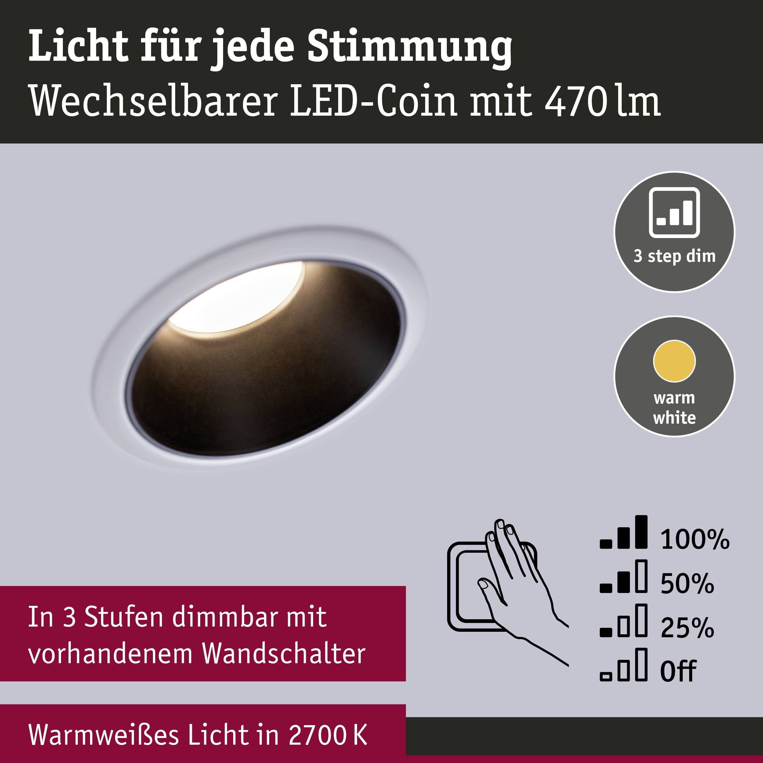 Vymeniteľný LED coin so 470 lm. Stmievateľný v 3 stupňoch pomocou existujúceho stenového vypínača. Teplé biele svetlo s teplotou 2700 K.
