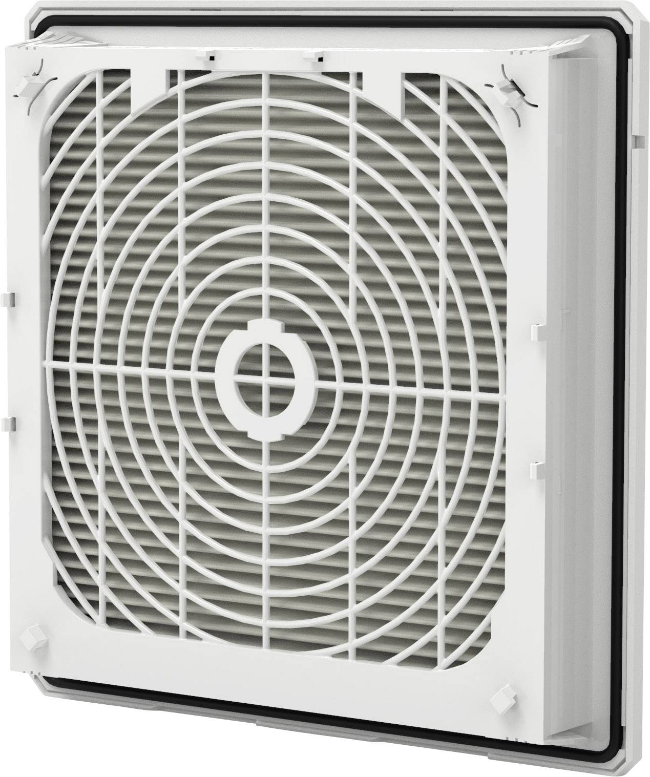 Biele, štvorcové ventilačné mriežky s kruhovým vzorom v obdĺžnikovom ráme, namontované na otvore v stene.