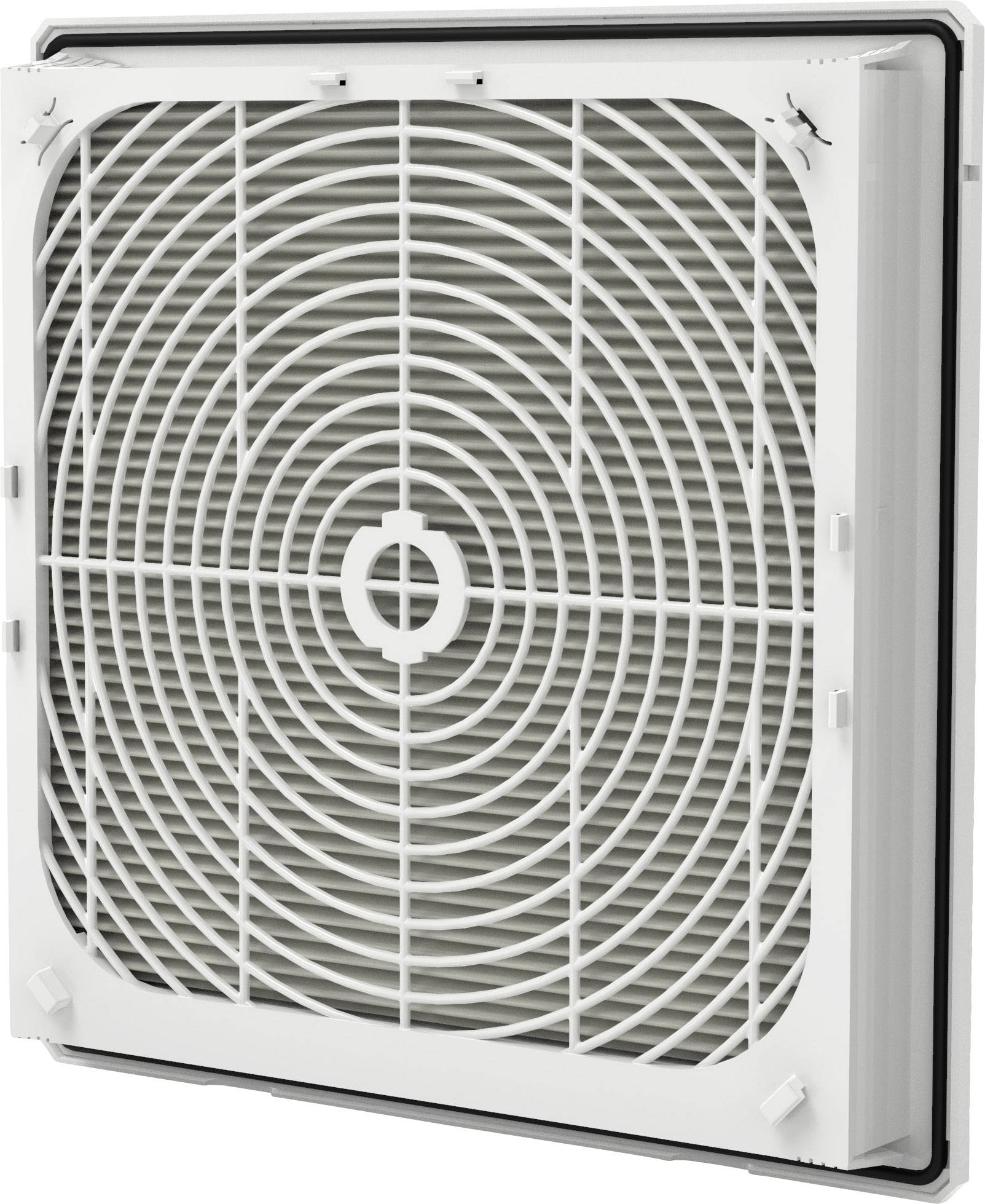 Ventilátor so štvorcovou mriežkou, biely, určený na vetranie interiéru.