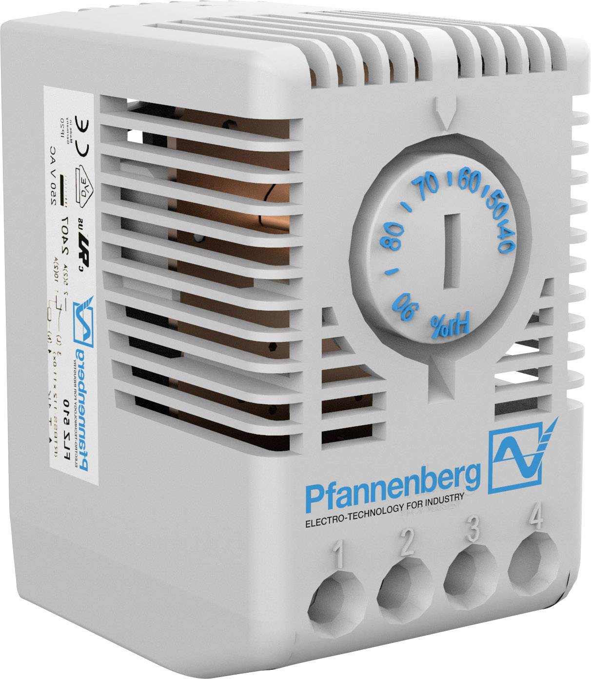 Šedo-biely regulátor ventilátora značky Pfannenberg s teplotným displejom a otočným ovládačom pre priemyselné aplikácie.