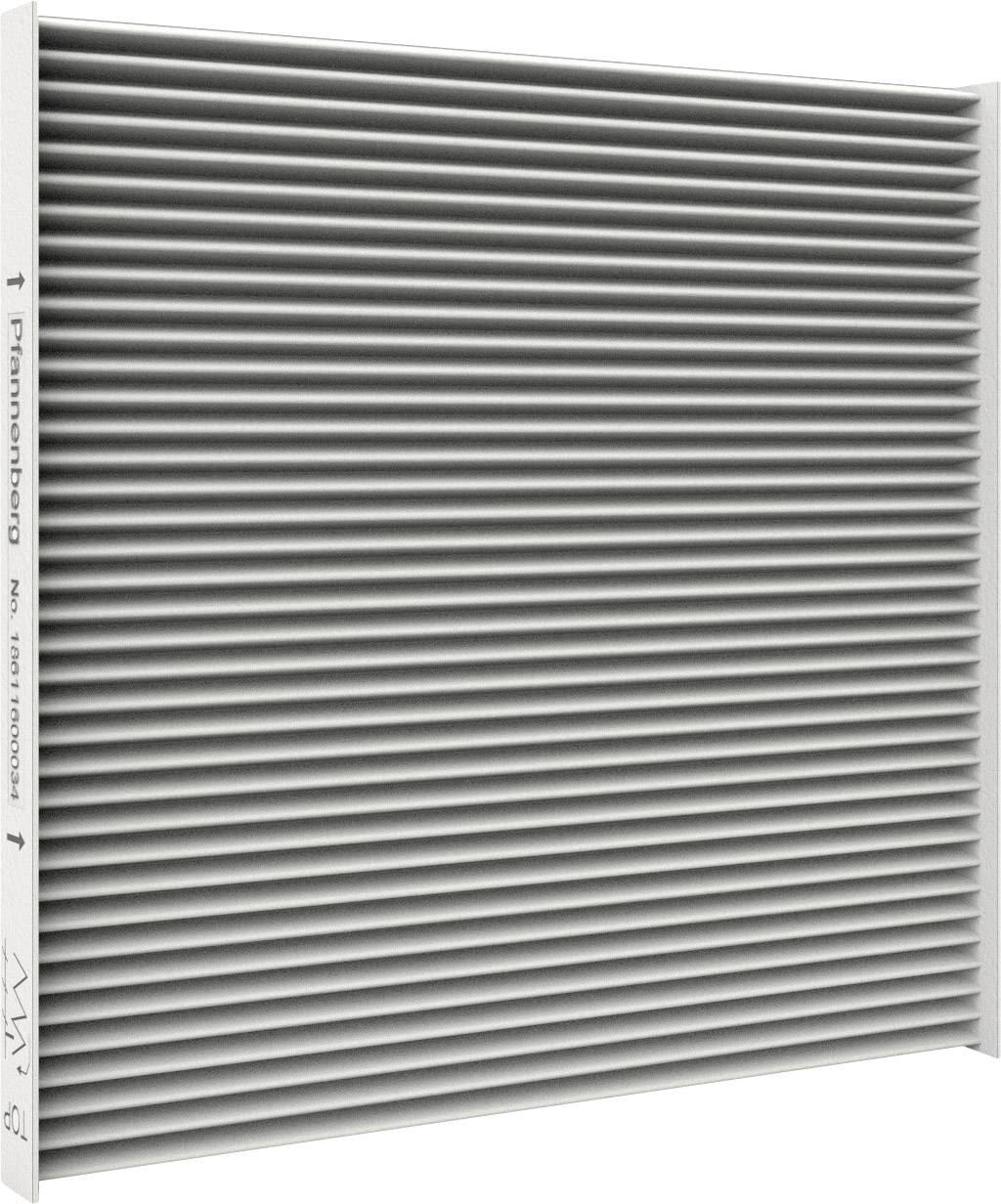 Sivý, rebrovaný vzduchový filter obdĺžnikového tvaru. Slúži na čistenie vzduchu vo ventilačných systémoch alebo klimatizačných zariadeniach.