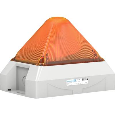 Oranžová výstražná svetelná signalizácia s pyramidálnym dizajnom na bielom kryte, používaná pre výstražné signály alebo núdzové situácie.
