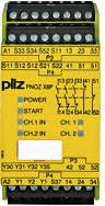 Žlté bezpečnostné reléové modul s prípojkami, kontrolkami pre 'Power', 'Start', 'CH1 IN', 'CH2 IN'. Firemné logo v ľavom hornom rohu.