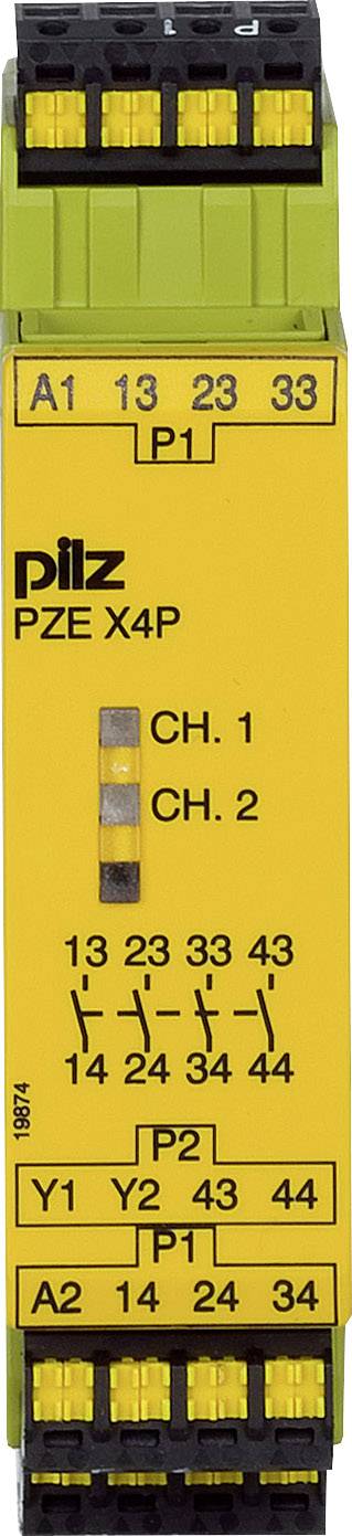 Žlté bezpečnostné relé s nápisom 'Pilz PZE X4P', s viacerými konektormi hore a dole, zobrazujúce dva kanály pre bezpečnostné funkcie.