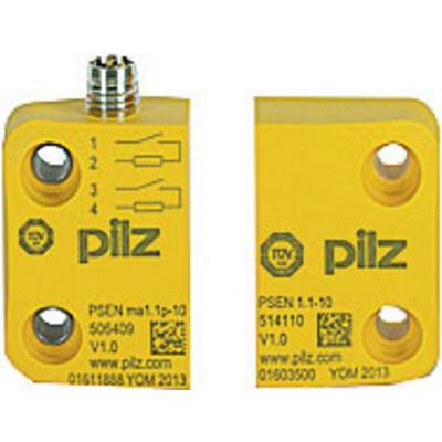 Žlté bezpečnostné senzory od spoločnosti Pilz s certifikáciou TÜV, modelové čísla PSEN ma1.1p-10 a PSEN 1.1-10, vrátane QR kódov.