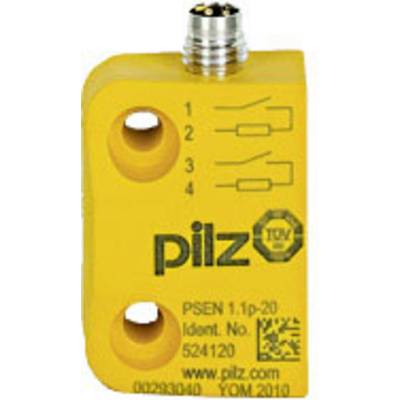 Žltý bezpečnostný spínač od Pilz so zástrčkovým pripojením zhora, označenie 'PSEN 1.1p-20', certifikát kontroly, rok výroby 2019.