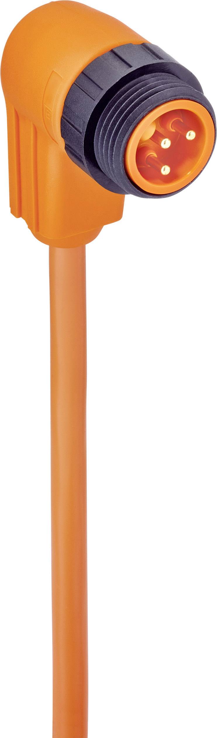 Oranžový uhlový konektor so čiernym závitom a káblom, zobrazujúci 4-pólovú pripojovaciu stranu.