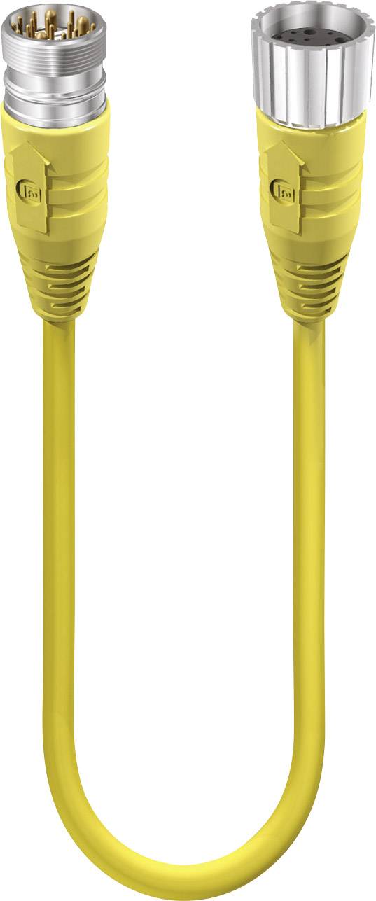 Žltý kábel s kovovými koncovkami na oboch stranách, vhodný pre priemyselné alebo technické prepojenia.