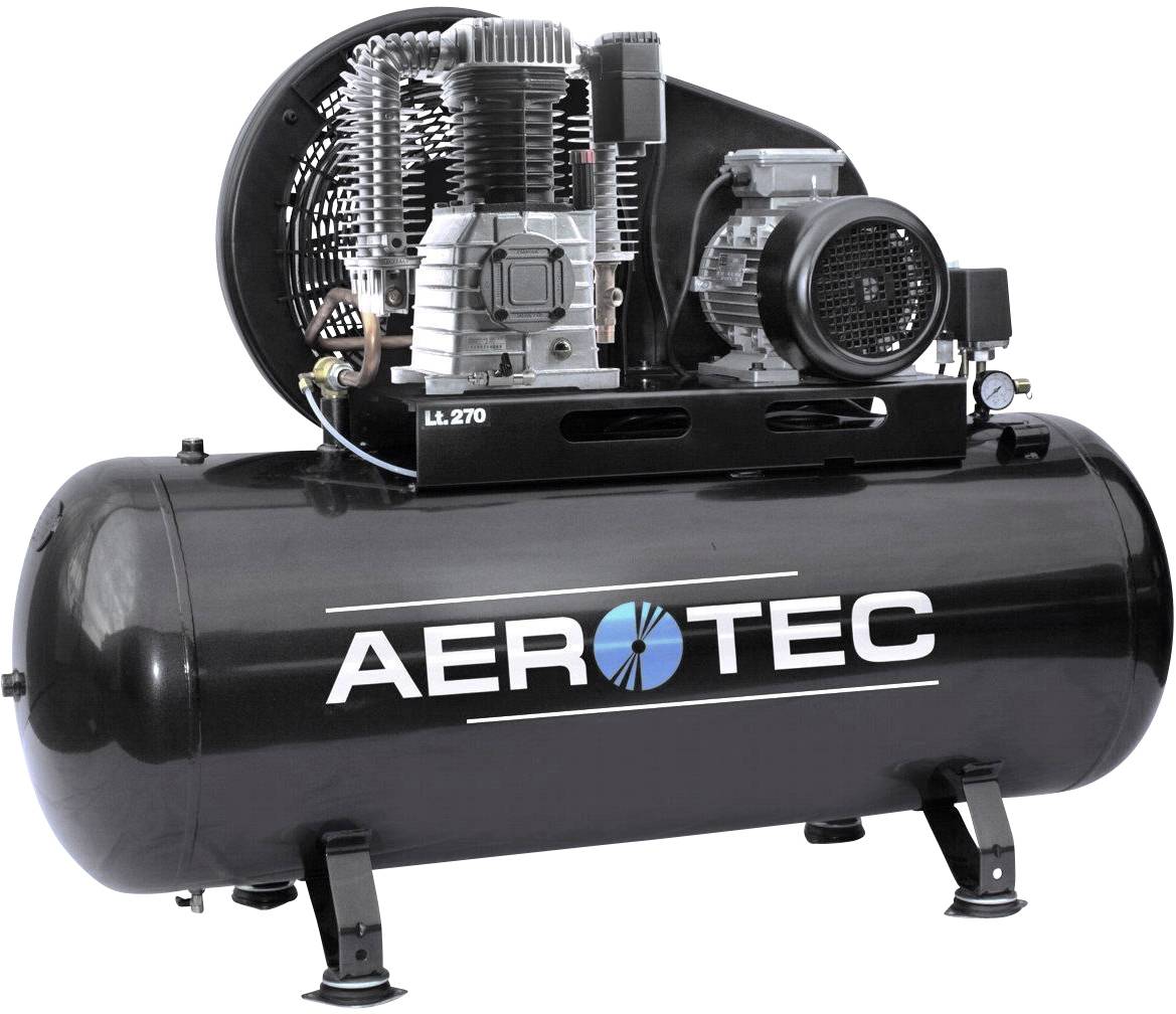 Kompresor značky AEROTEC LL 270 s čiernou nádržou a vstavaným motorom, používaný na výrobu stlačeného vzduchu.