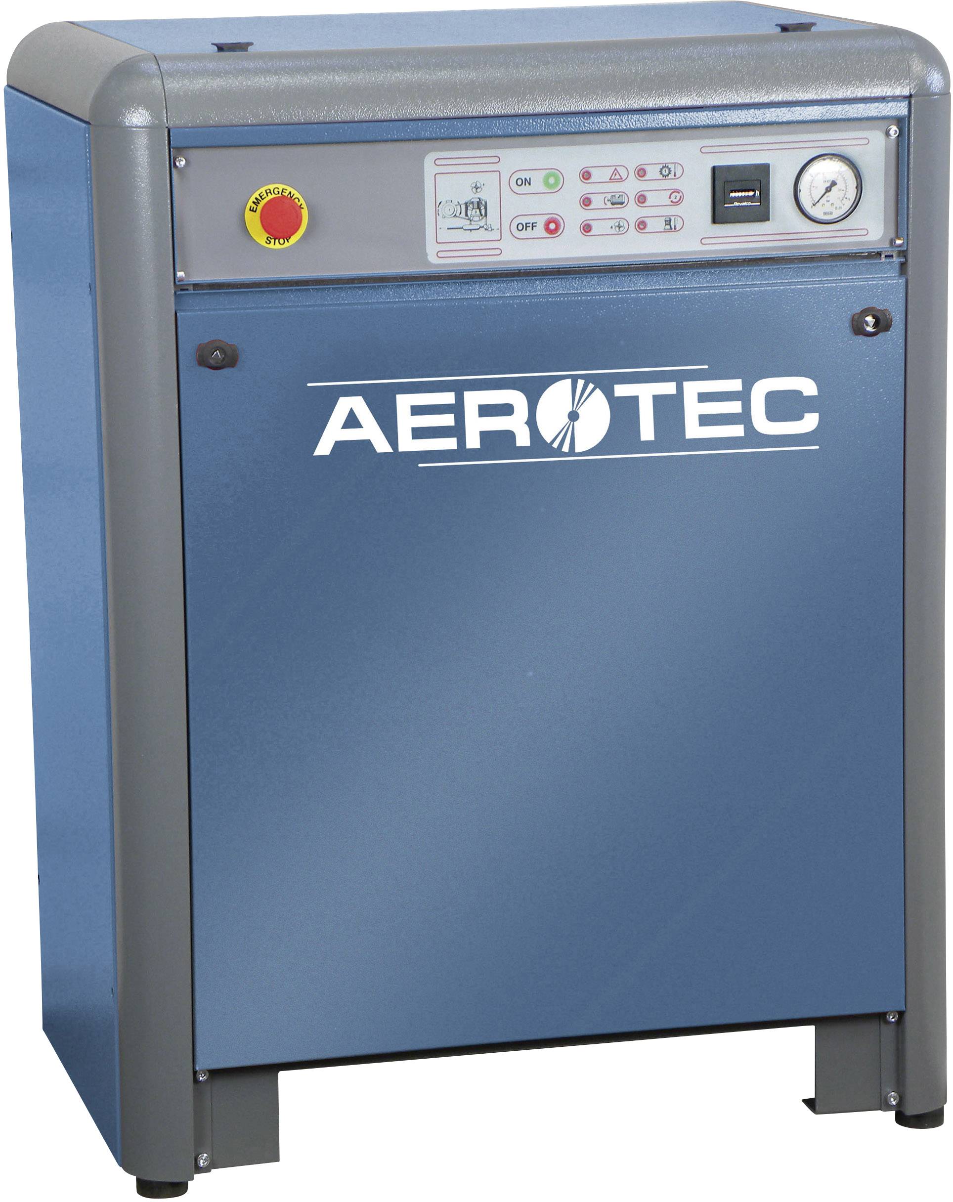 Modrý kompresor značky Aerotec. Má ovládacie prvky, manometer a núdzový vypínač na prednej strane.