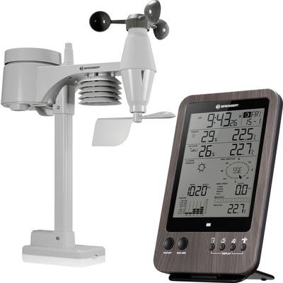 Meteorologická stanica so senzormi, zobrazuje teplotu, vlhkosť vzduchu, rýchlosť vetra a predpoveď počasia na digitálnom displeji.