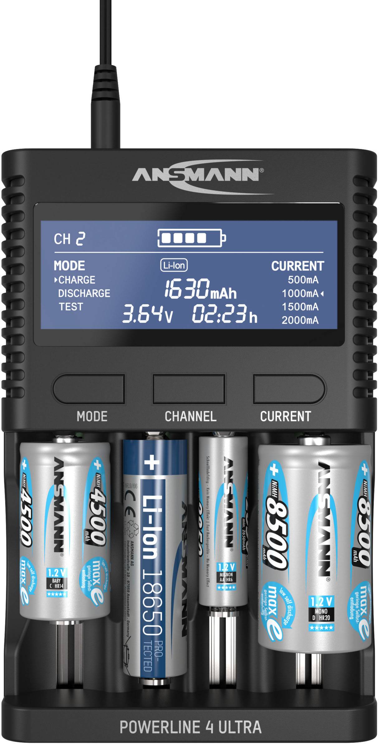 Nabíjačka batérií nabíja štyri batérie. Na displeji je zobrazené: 'CH 2', 'Li-Ion', '1630mAh', '3,64V' a časy nabíjania.