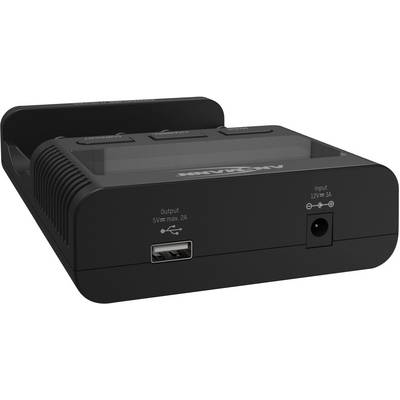 Čierne zariadenie s USB výstupom (5V/2A) a napájacím konektorom (12V/3A) na prednej strane, firemný názov hore.