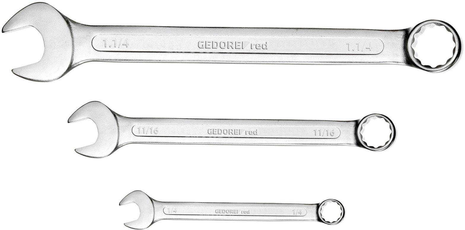 Tri vidlicové kľúče rôznych veľkostí s nápisom 'GEDORE red'. Najväčší kľúč ukazuje '1 1/4', najmenší '11/16'.