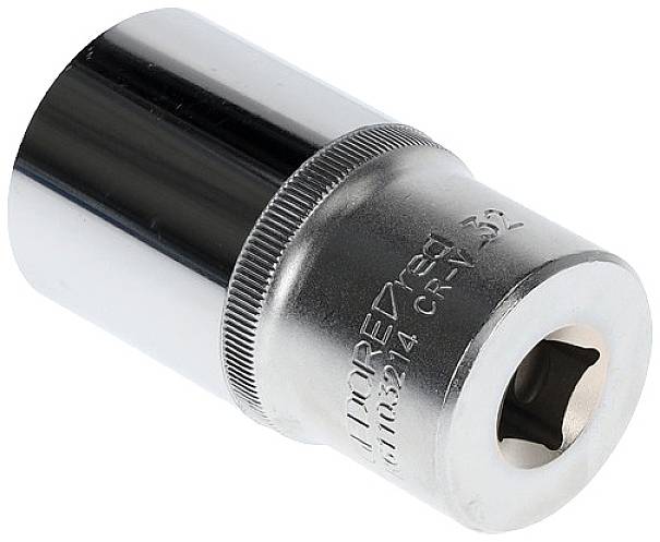 Strieborný nástavec s vytlačeným nápisom 'Chrome Vanadium 32'. Má vrúbkovaný povrch pre lepšie uchopenie.