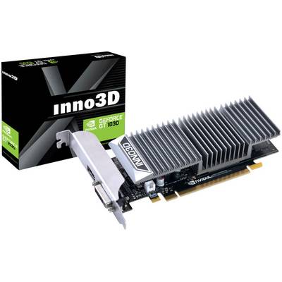 Grafická karta Nvidia GeForce GT 1030 od Inno3D s chladičom, vedľa zodpovedajúceho obalu, na bielom pozadí.