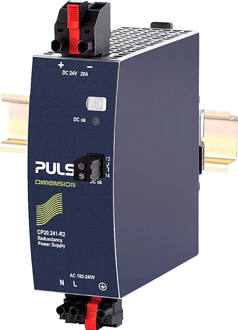 Napájací modul so štítkom 'PULS Dimension'. Model: CP20.241-R2. Inštalácia na DIN lištu, indikačné LED diódy a konektory viditeľné.