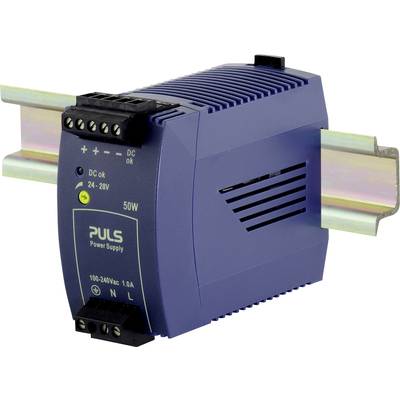 Modré napájací zdroj na DIN lište s nápisom 'PULS Power Supply', napätie 24–28V, výkon 50W. Konektory hore a dole.