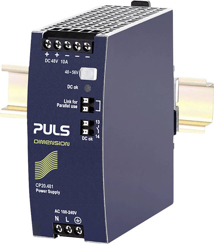 Sieťový zdroj 'PULS Dimension CP20.481', 48V, 10A, montovaný na DIN lištu, s prípojnými svorkami pre jednosmerný a striedavý prúd.
