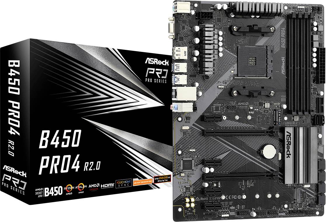 ASRock B450 PRO4 R2.0 (AM4) Mainboard Attacco (PC) AMD AM4 Fattore di forma (dettagli) ATX Chipset della scheda madre AMD® B450