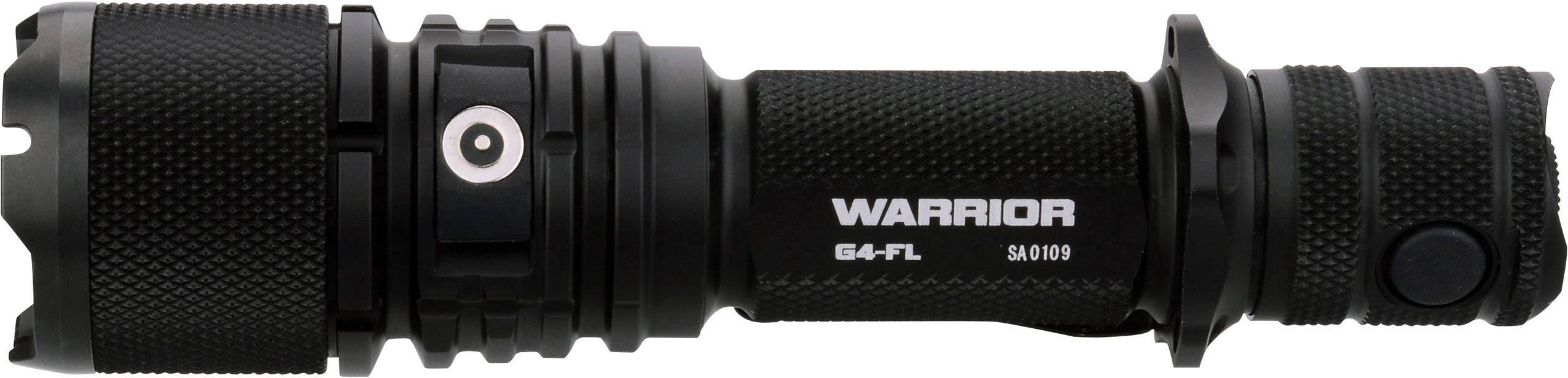 Čierna taktická baterka s protišmykovou úpravou povrchu a nápisom 'WARRIOR G4-FL S4000' na boku.