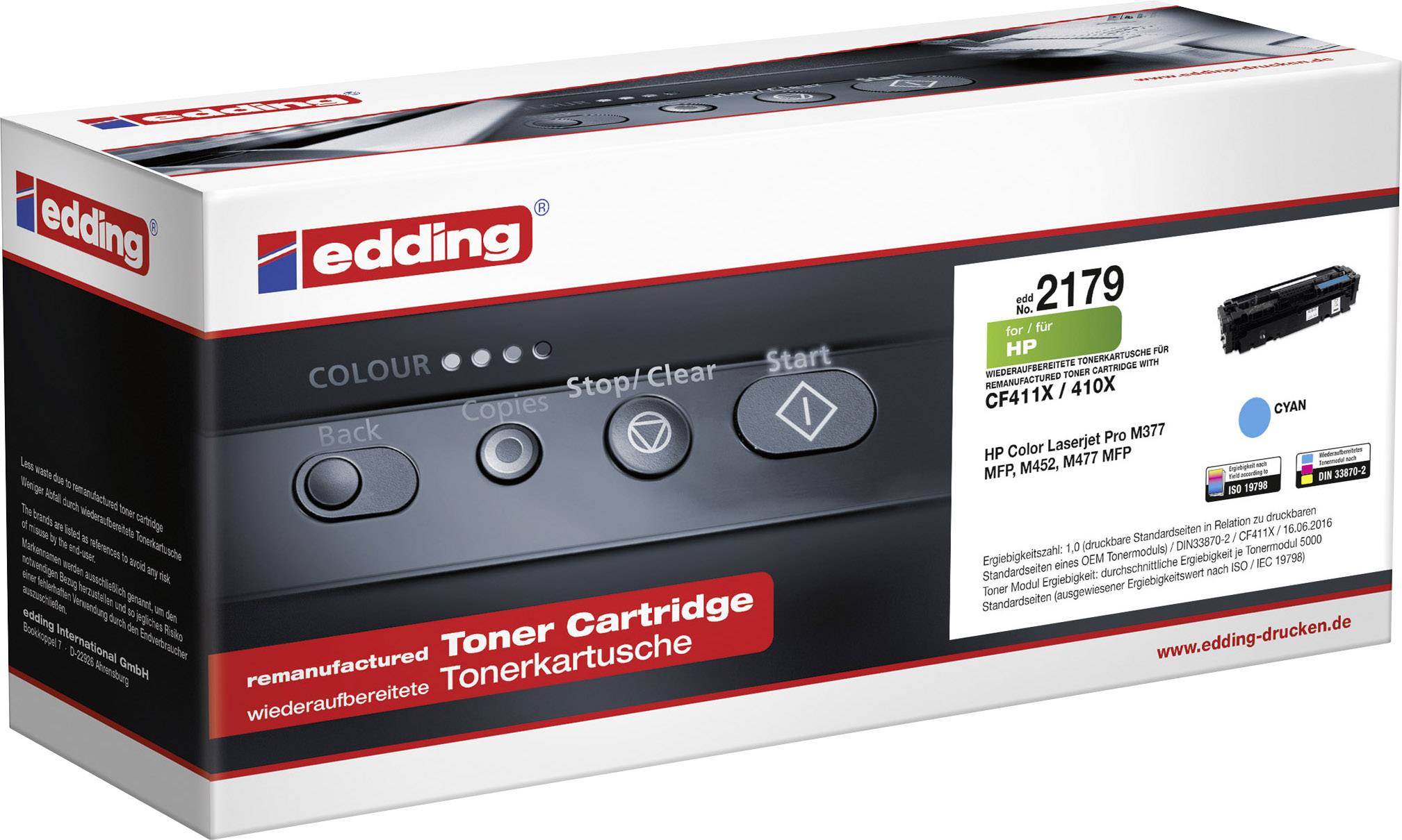 Renovovaná tonerová kazeta od Eddingu, kompatibilná s tlačiarňovými modelmi HP CF411X/410X. Obsahuje azúrový toner.