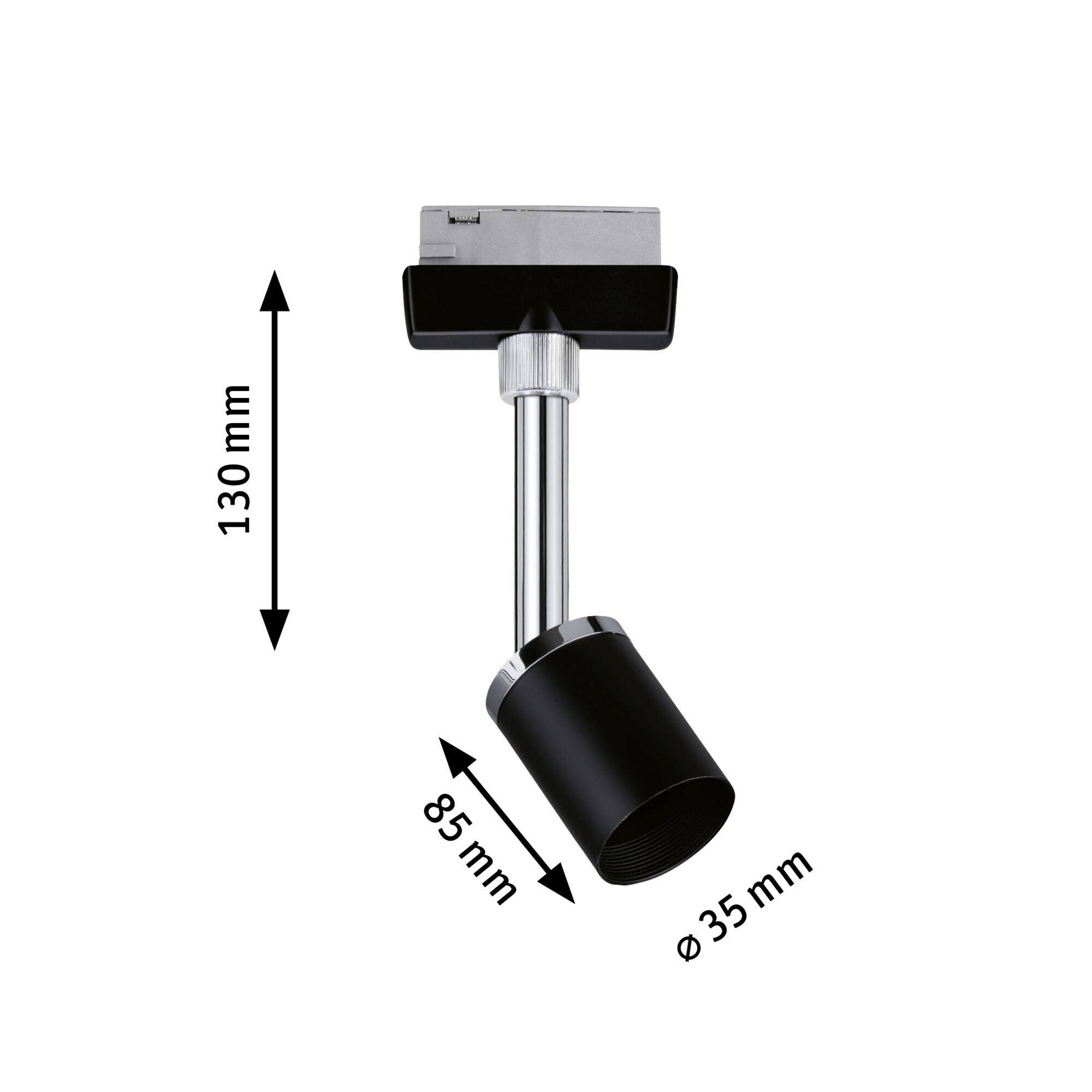 Čierny a strieborný reflektor s nastaviteľnou hlavou. Rozmery: 130 mm výška, 85 mm dĺžka, priemer 35 mm.