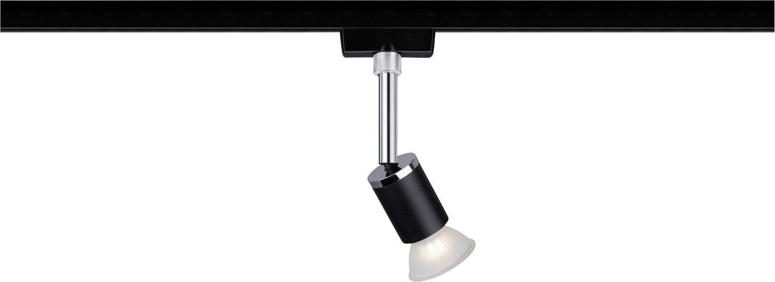 Nastaviteľné stropné svietidlo visí na čiernej koľajnici. Lampa je čiastočne vyrobená z kovu a skla a vyžaruje svetlo smerom nadol.