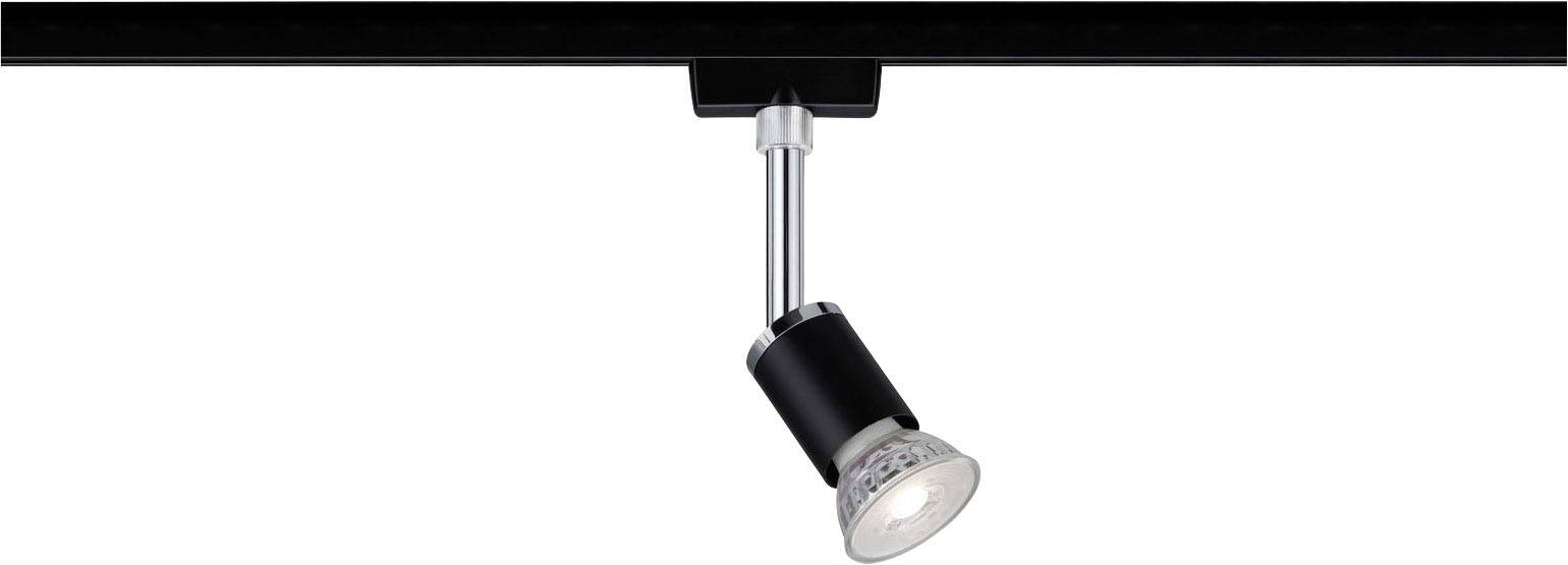 Čierne stropné svietidlo s nastaviteľným strieborným reflektorom.