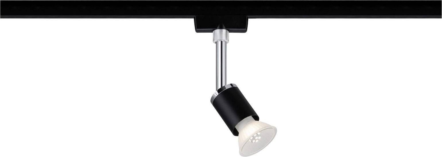 Čierna koľajnicová lampa s nastaviteľným bodovým reflektorom, namontovaná na strope, cielene osvetľuje priestor.