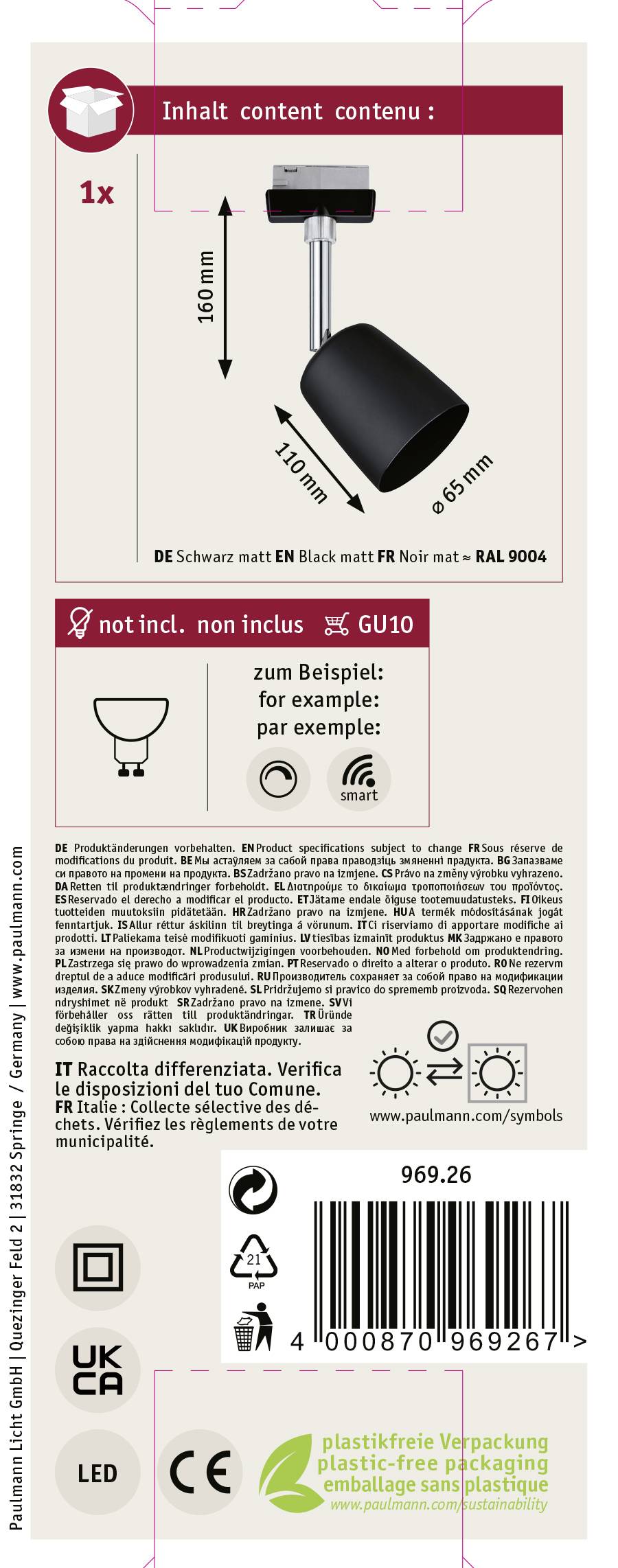 'Čierna, matná' GU10 objímka lampy, rozmery: 110 mm x 65 mm. Balenie je bez plastov. Obsahuje QR kód a informácie o recyklácii.