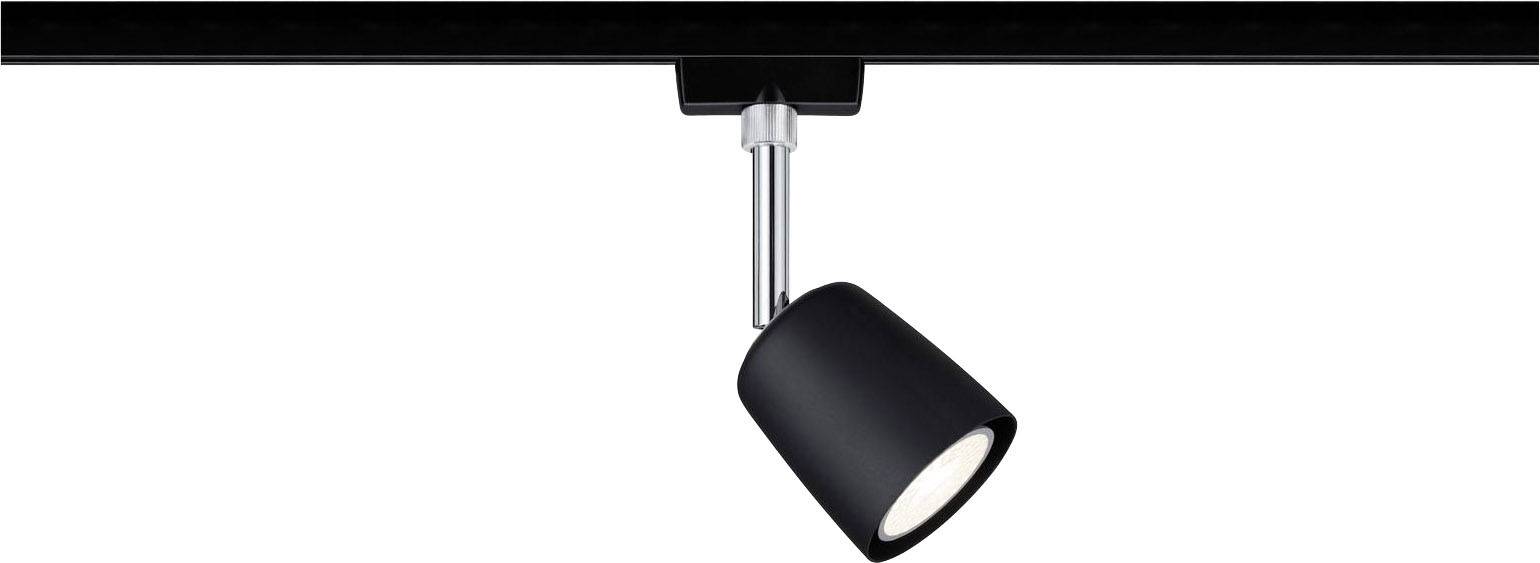 Čierny bodový reflektor upevnený na koľajnici osvetľuje priestor. Vhodný pre cielené osvetlenie.