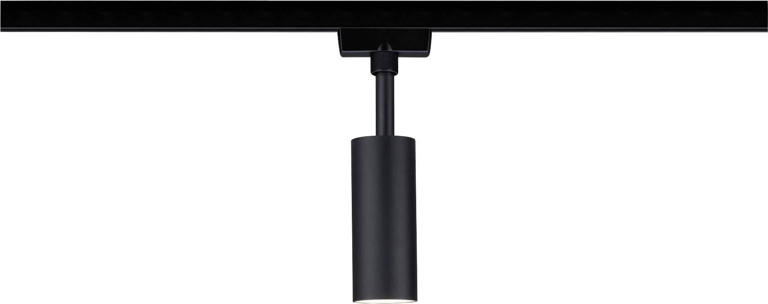Jednoduchá čierna stropná lampa s valcovitým tienidlom, namontovaná na úzkom čiernom koľajnicovom systéme.