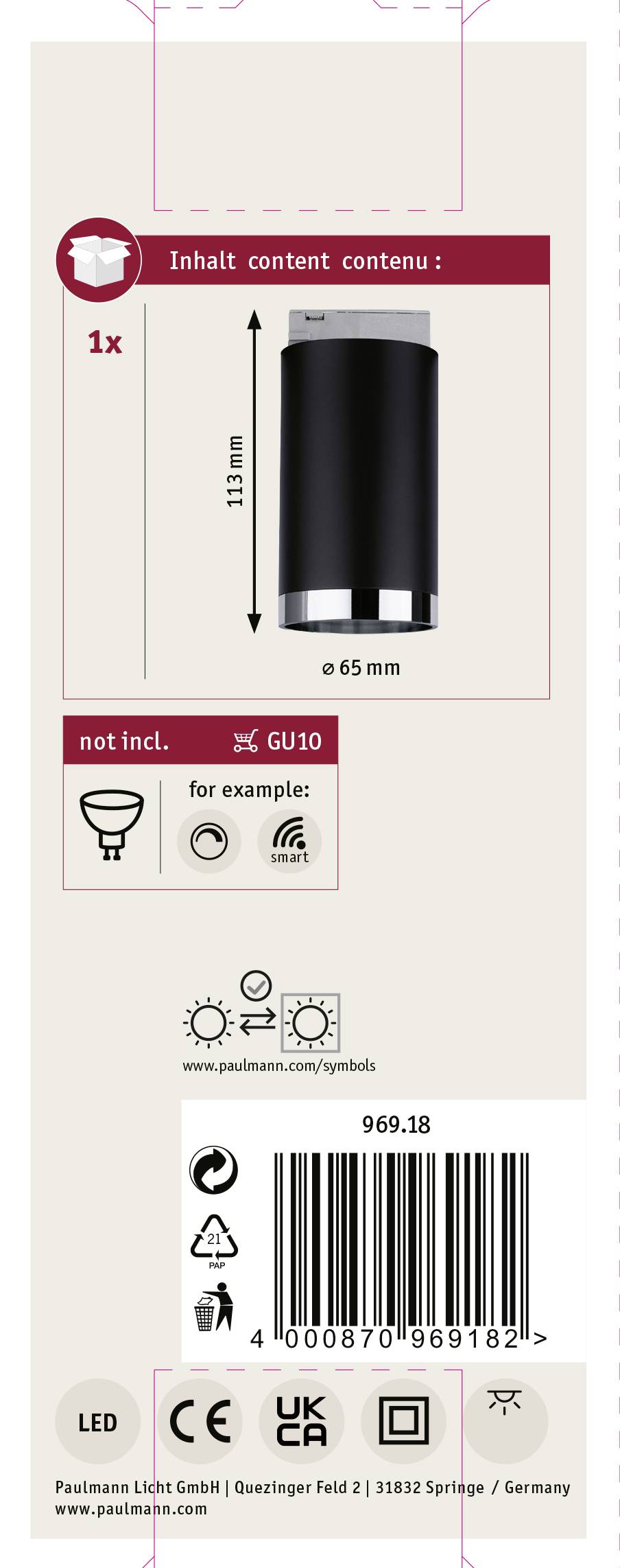 Obsah: 1x lampa, bez GU10. Príklad: priemer 65 mm, výška 113 mm. LED, označenie CE.
