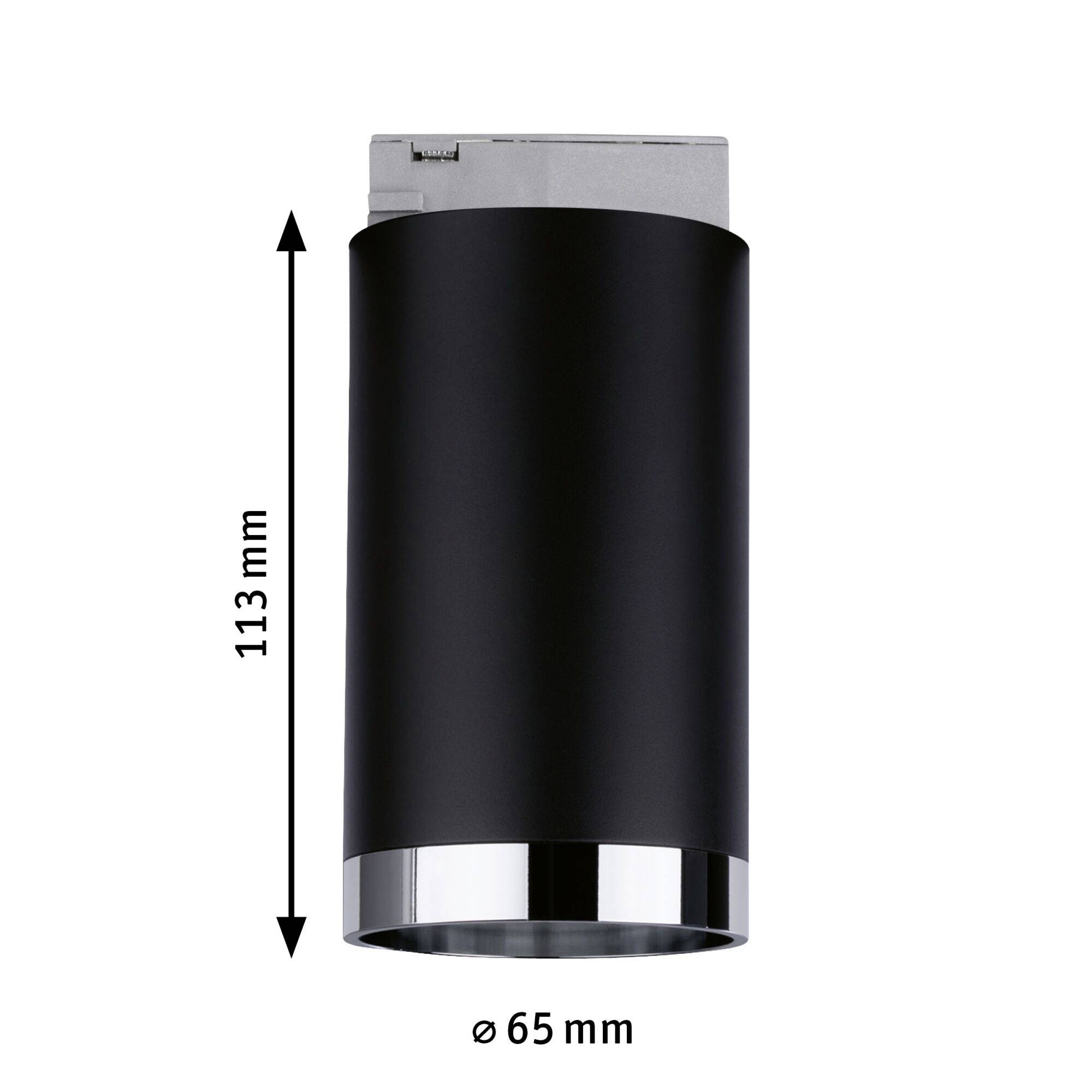 Čierna cylindrická stropná lampa so strieborným lemom. Výška 113 mm, priemer 65 mm.