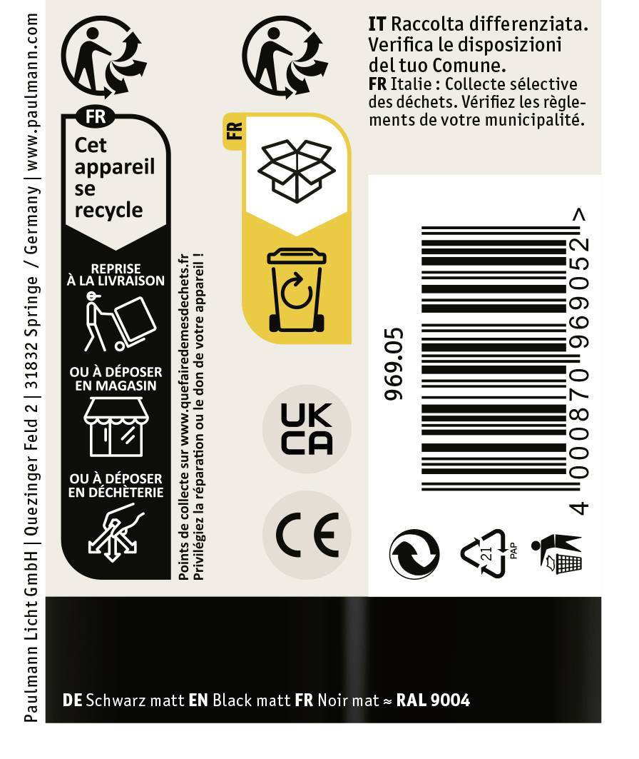 Recyklačné pokyny v štyroch jazykoch: nemčina, angličtina, francúzština, taliančina. Symboly pre recykláciu a triedenie odpadu.