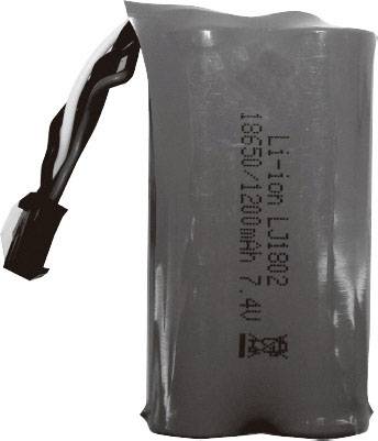 Čierny lítiovo-iónový akumulátor s popisom 'Li-ion Li18602 18650/1200mAh 7.4V', kabelový konektor hore.