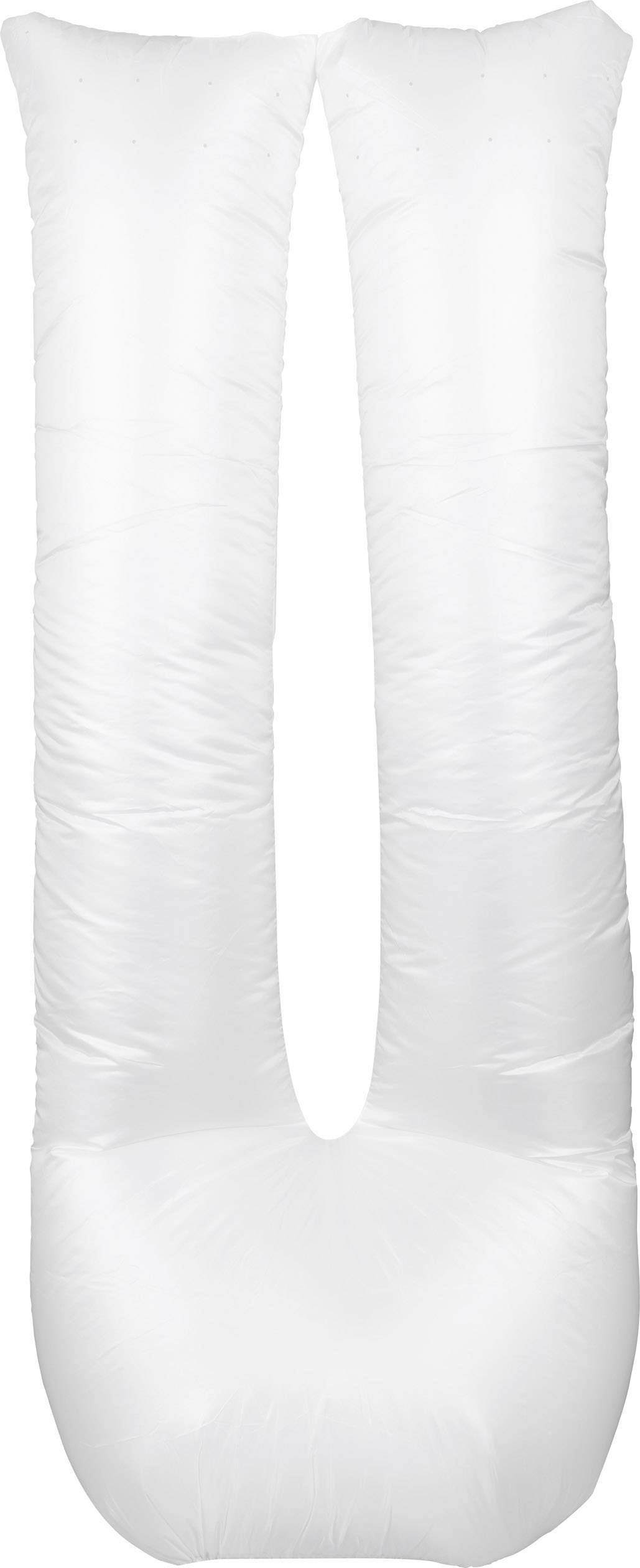 Biely nafukovací vankúš v tvare U, ktorý možno využiť ako podporu pre telo alebo ako pomôcku na sedenie.