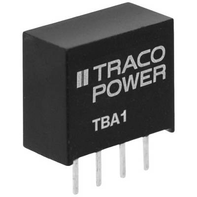 Čierna obdĺžniková elektronická súčiastka so štyrmi kovovými kolíkmi s nápisom 'TRACO POWER TBA1'.