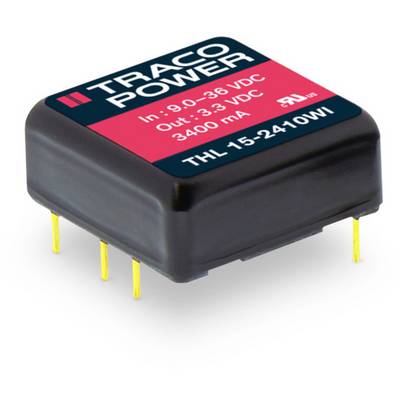 Menič napätia 'TRACO POWER', Vstup 9,0-36 VDC, Výstup 3,3 VDC, 3400 mA. Model THL 15-2410WI. Šesť žltých pinov dole.