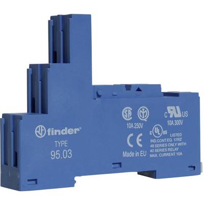 Modrý reléový kryt od výrobcu Finder, model 95.03, vhodný pre 10 A a 250 V, vyrobený v EÚ, s bezpečnostnými certifikátmi.