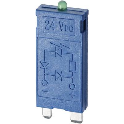 Modrý elektrický stavebný prvok pre 24 V DC so symbolmi elektrického obvodu a zeleným LED displejom hore.