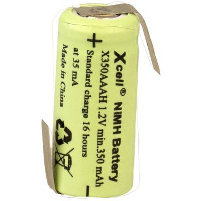 Zelená NiMH batéria 'Xcell 1,2V', kapacita 350 mAh, model X350AAAH, s recyklačným symbolom a nabíjacími pokynmi.